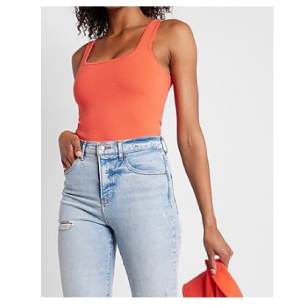 EXPRESS Stylish Square Neck CROP TOP Sweater Tank NWT; trendy Red Orange color